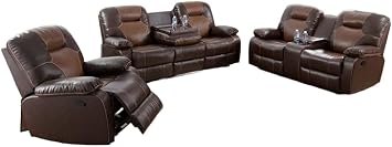 Manual Reclining Living Room Furniture, Bonded Leather Sofa w/Drop-Down Console, Loveseat w/Storage Console, Chair for Living Room/House/Bedroom/Office/Apartment Brown, 3 Pieces