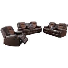 Manual Reclining Living Room Furniture, Bonded Leather Sofa w/Drop-Down Console, Loveseat w/Storage Console, Chair for Living Room/House/Bedroom/Office/Apartment Brown, 3 Pieces