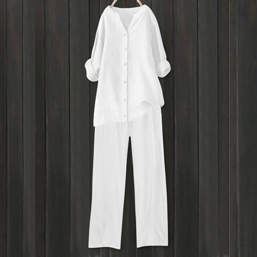Womens Lounge Wear Sets Cotton Linen Ladies Tracksuit Set 2 Piece Summer Outfits Co Ord Sets Long Sleeve Blouses Tops and Wide Leg Trousers Activewear(White,3XL) - Image 2