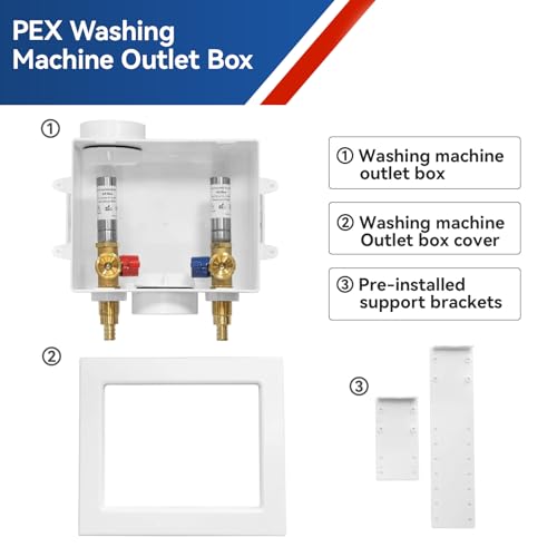 Guofis Washing Machine Outlet Box With Stainless Steel Water Hammer Arrestor,1/2 Inch Pex Inlet X 3/4 Inch Mht Outlet Connection Laundry Outlet Boxes,Washer Plumbing Pex Fittings Box With Center Drain thumb #4