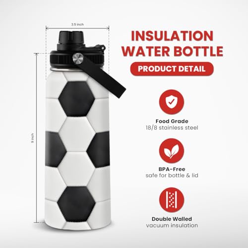 Image of SANDJEST Soccer Water Bottle with Lid - 32oz Insulated Stainless Steel Sport Bottles - Men Soccer Player Fan Coach