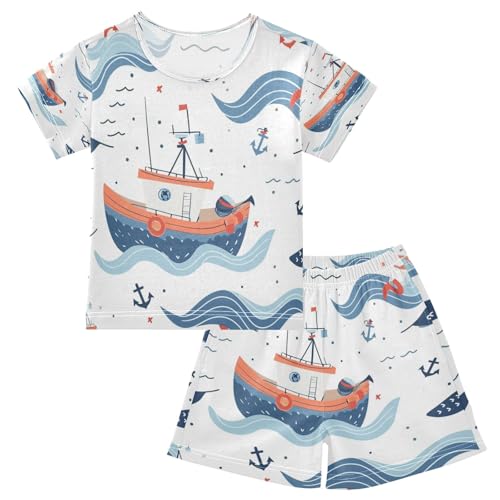 Ship Sea Wave Kids Pjs Set Boys Girls Summer Short-Sleeve Sleepwear Pajamas 2PCS