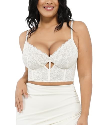 Popilush Bustier Corset Crop Tops for Women V Neck Lace Bralette White M - image 1