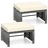 RELAX4LIFE Wicker Outdoor Ottoman Set of 2 - Rattan Footstools Foot Rest w/Removable Cushions, Multipurpose Side Table & Additional Seating, Outdoor Ottomans for Patio Garden Porch (Grey-Off White)