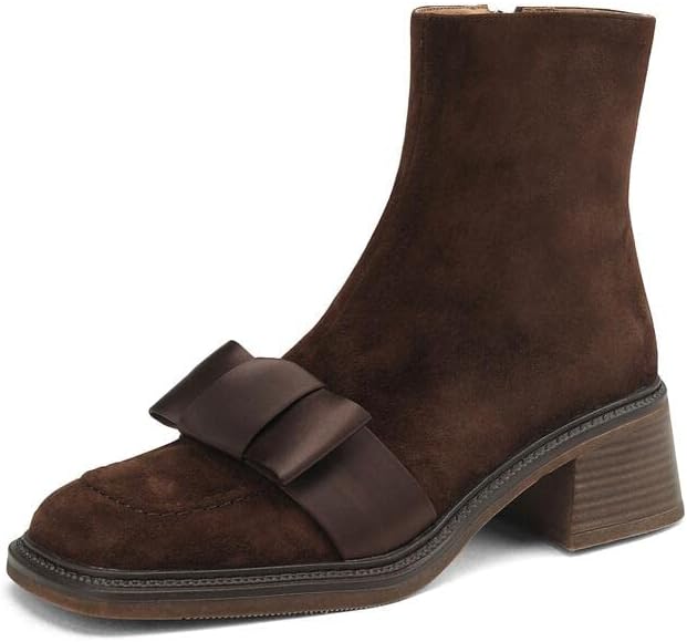 TinaCus Handmade Women's Suede Leather Bow Décor Comfort Square Toe Side Zipper Mid Block Heel Ankle Boots Shoes