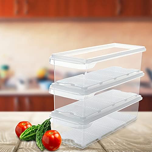 Kurtzy 3 Pack Plastic Fridge Storage Organiser Bins with Lids - Clear BPA Free, Stackable Refrigerator and Freezer Organisers With Drain Plate - For Kitchen, Pantry, Cabinets and Countertops