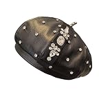 Black Beret Hats for Women Diamond Pu Leather Elegant French Artist Beanie Cap Autumn Winter Vintage