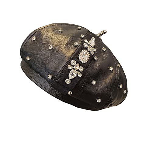 Black Beret Hats For Women Diamond Pu Leather Elegant French Artist Beanie Cap Autumn Winter Vintage Rhinestone Octagonal Hat #TOP11