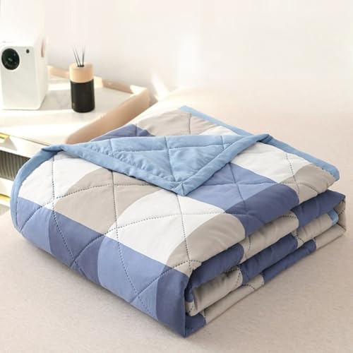 PEIHUODAN Edredón Ligero De Verano, Reversible A Cuadros Manta, Ropa De Cama De Microfibra Ultrasuave, Transpirable para Todas Las Estaciones, Cubrecama Acolchado (Azul+Caqui,200x230 cm)