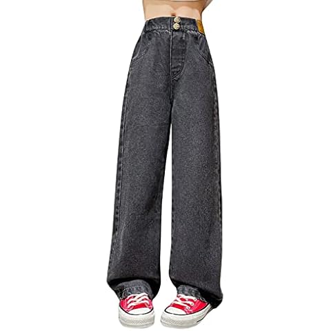 Youmymine Child Girls High Waisted Wide Leg Jeans Kids Plus Size Baggy Elastic Waist Denim Pants (Grey, 10-12 Years) Cover