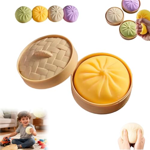 Giant Glitter Dumpling, Giant Dumpling Squishy, Slow Rising TPR Fidget Toy with Steamer Case, Soft Large Sensory Ball for Adults & Kids, for Sensory Play (Yellow)