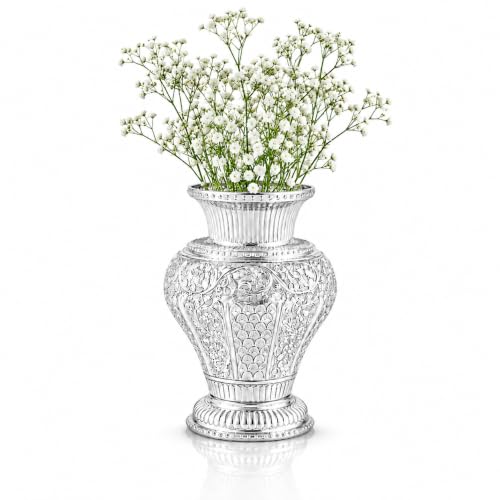 Image of Silver Plated Aluminium Flower Vase | Embossed Vase for Fresh & Artificial Flowers | Luxury Table Centerpiece | Living Room, Office, Hotel & Home Decor | Ideal Gift (9 x 6) inch