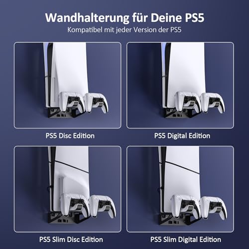 NexiGo PS5 Wandhalterungsset mit Ladestation für PS5 (alle Versionen) und Neue PS5 Slim Konsolen, reguläre und DualSense_Edge-Controller, Stabiler metallischer Wandhalter