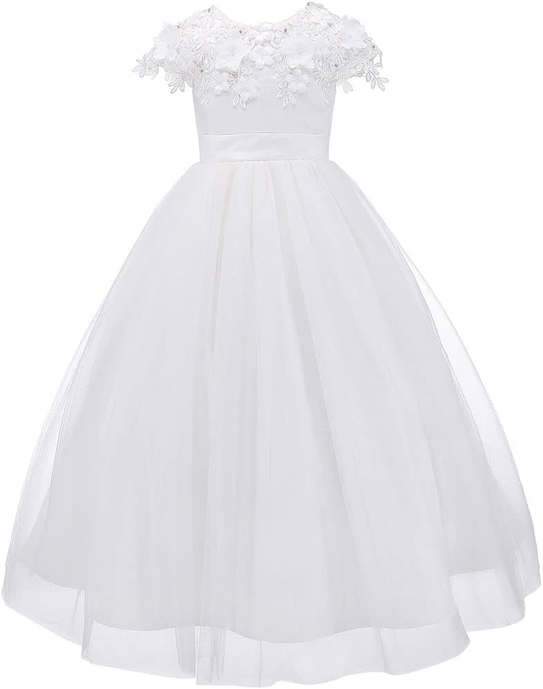 Bow Dream Tulle 3D First Communion Dresses Wedding Pageant Flower Girl Dress Ivory White