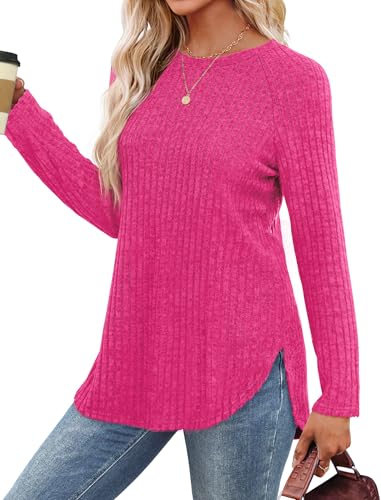 Image of Saloogoe Long Sleeve Shirts for Women 2025 Fall Clothes Tunic Tops Loose Fit Dressy Crewneck Pullover Sweaters Curved Hem