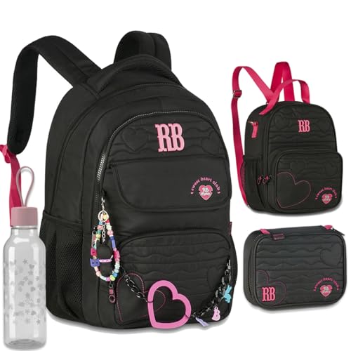Kit Mochila Escolar Rebecca Bonbon RB 27015 Preta com Lancheira, Estojo box e Garrafinha coleção 2026