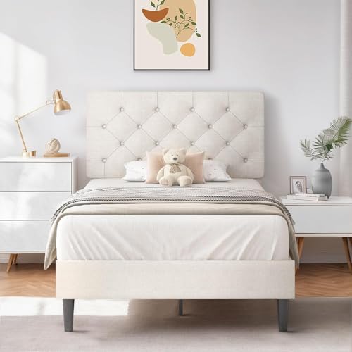 HOMBCK Twin Bed Frames for Kids, Upholstered Platform Bed Frame Twin Size with Tufted Headboard/Wood Slats/No Box Spring Needed/Easy Assemble, White