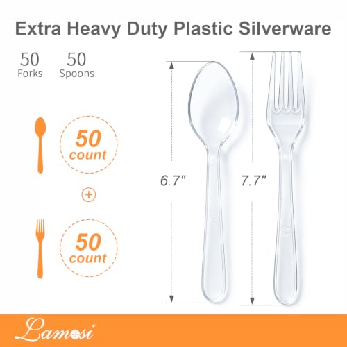 Image of Lamosi 100 Count Extra Heavy Duty Clear Plastic Forks and Spoons | Disposable Plastic Silverware BPA-Free, Heat Resistant for Wedding Party Supplies, 50 Forks, 50 Spoons