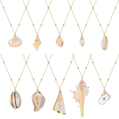 Tondiamo 10 Pcs Natural Shell Scallop Conch Pendant Necklace with Gold Rimmed Boho Ocean Jewelry Cowrie Adjustable Seashell Jewelry Gifts Ocean Beach Wedding Women