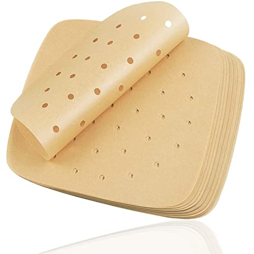 Paquete de 100 papeles de parching, papel perforado sin blanquear para freidora, 21,6 cm, parrilla cuadrada, cocción, vapor, cocción, cocción en caliente, inserciones antiadherentes para freidora Cover