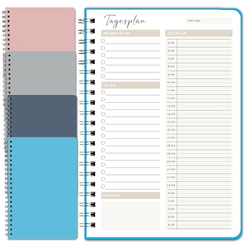 BIROYAL Zeitmanagement Handbuch, 4 Stück Tagesplaner, 100 Seiten Terminplaner, 14x21cm To Do Liste, Daily Planner Spiralblock, Notizblöcke Terminplaner Notizbuch für Reise Schule Organizer