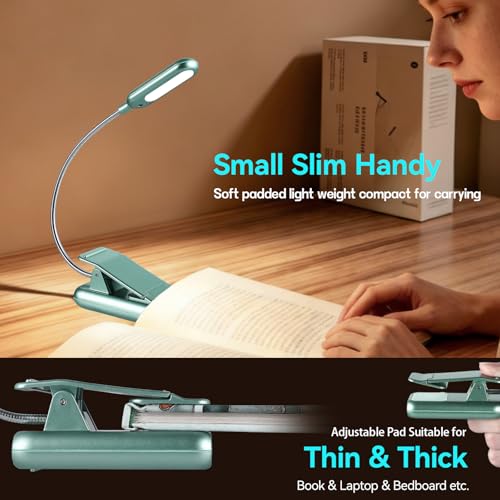 Image of VAVOFO Rechargeable Book Light for Reading in Bed Kids, 7 LED Reading Light with 9-Level Warm Cool White Daylight, Eye Care Lamp with Power Indicator for Bookworms (Silver Green)