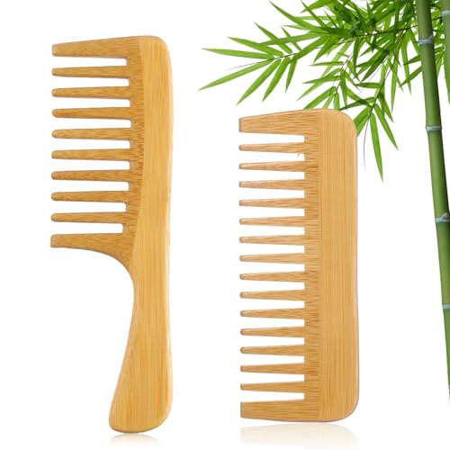 Bamboo Wide Tooth Comb for Curls, 2 Pack Wooden Comb for Hair Bamboo Comb Handmade Wooden Hair Comb Anti-Static Large Tooth Comb Detangler Comb for Women Curly Wavy Thick Hair