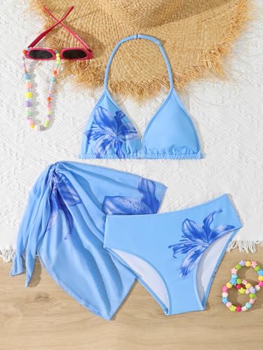 Image of SEGT Girl's 3 Piece Striped Bikini Swimwear Cute Swimsuits Bathing Suit High Waisted with Cover Up Beach Skirt