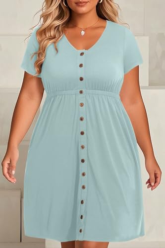 Image of Holipick Women's Plus Size Summer Dresses for Women Casual Dress with Pockets A-Line Swing Button Down Sleeveless V Neck