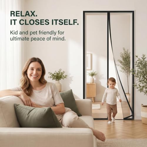 Image of HM World Magnetic Mosquito Net for Door Fiberglass Mesh Auto Closing Magnetic Screen Door with Self Adhesive Hook Tape Heavy Duty Insect Protection Easy Installation Black 7 Feet