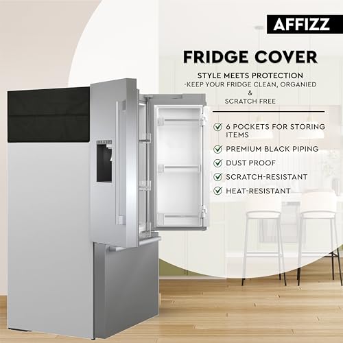 Image of Fridge Cover Top for Double Door Refrigerator - Washable, Water-Resistant Polyester Refrigerator Cover Top with 6 Side Pockets for Kitchen Accessories, Dustproof (Black)