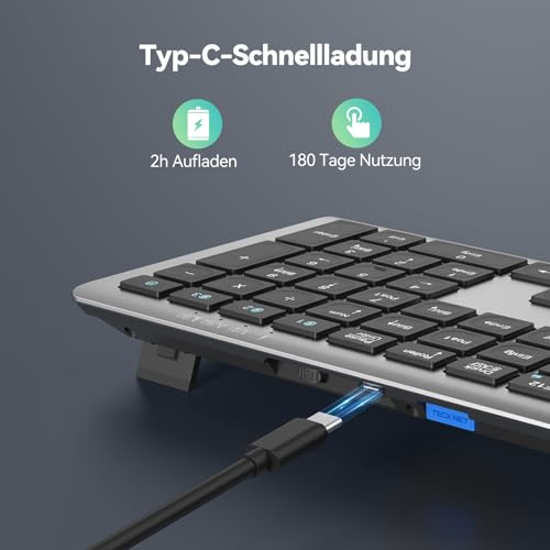 TECKNET Bluetooth Tastatur Kabellose(BT+2.4G), Wiederaufladbare Multi-Device Wireless Keyboard mit Einfacher bis zu 4 Geräte, Ultraflache, QWERTZ Layout für Mac/Windows/iOS/Chrome OS 3
