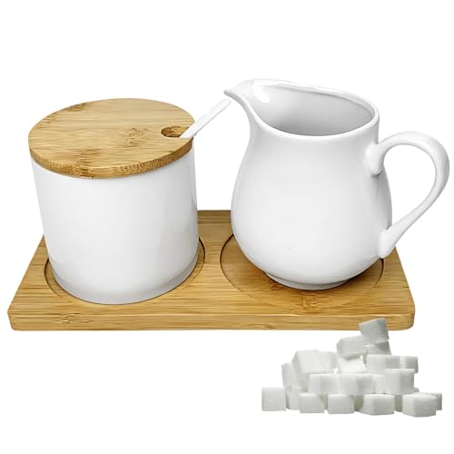 DAJASD Milch und Zucker Set mit Deckel und Löffel, 260ml Milchkännchen Weiß Keramik und Zuckerdose, Keramik Milchkännchen und Zuckerdose mit Holz Tablett, Spülmaschinen- und Mikrowellengeeignet(Weiß)