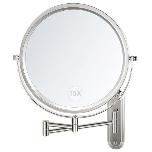 VORREMIRR Wall Mounted Makeup Mirror - 8.5in Double Sided Makeup Mirror with Extended Arm,1X/15X Magnifying Mirror for Makeup or Shaving - Chrome, No Lights