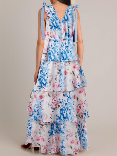 Image of Wenrine Womens Summer Floral Maxi Dress Tie Strap Sleeveless V Neck High Slit Boho Ruffle Tiered Beach Dresses
