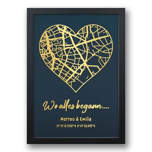 The Magical touch Personalisiertes Wo alles begann Poster mit Koordinaten & Wunschtext Bild mit Rahmen in A4 Golddruck - Geschenk für Paare Einzug Jahrestag Hochzeitstag Valentinstag