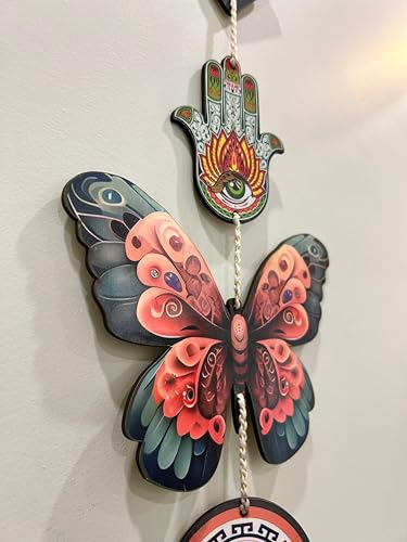 Image of Hamsa Hand Evil Eye Butterfly Wooden Wall Hanging for Home Decor | Hamsa Hand Decoration for Livingroom | Modern Artworks Items | Peace Charm Door Accent Decorative Hangings