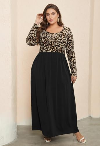 Image of Nemidor Women Plus Size Casual Maxi Dress Long Fall Pockets | Size 14-26 plus, elastic waist, long sleeve, round neck, loose, boho, curvy, winter, wedding, daily, vacation, work, holiday