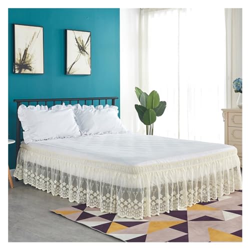Faldón De Cama Falda de cama de florete de encaje con volantes delicados de 18 pulgadas de alto diseño bonito con cinturones elásticos fuertes-amor for mujeres/señoras/niñas(Beige,King 200 x 200x 45cm