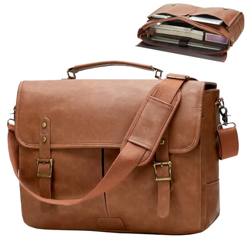 Leather Messenger Bag for Men 15.6in Laptop Briefcase Vintage Waterproof Laptop Bag Shoulder Bags Satchel Office Bag(Brown)