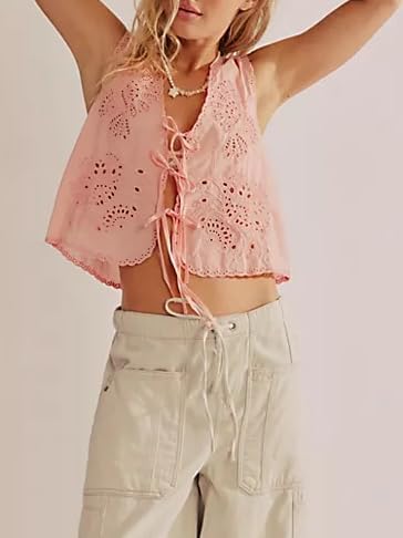 Women Summer Tie Front Vests Y2k Floral Embroidery Eyelet Crop Tank Tops Boho V Neck Sleeveless Hollow Out Cami Tops - Image 3