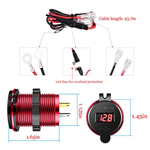 YONHAN Quick Charge 3.0 Dual USB Charger Socket, Waterproof Power Outlet Fast Charge with LED Voltmeter & Wire Fuse DIY Kit for 12V/24V Car Boat Marine ATV Bus Truck and More - Red - Thumbnail 6
