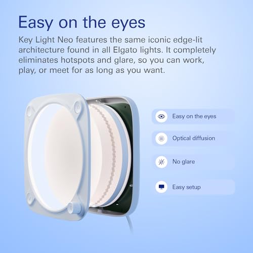 Elgato Key Light Neo – Luz profesional para videollamadas, sin destellos, montura ajustable para monitor, control manual y por Wi-Fi, streaming, Teams/Zoom/Slack/Twitch/Youtube – Plug-n-play, PC, Mac