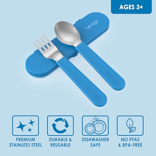 Image of Bentgo Kids Stainless Steel Utensil Set - Reusable Fork, Spoon & Storage Case - High-Grade BPA-Free Stainless Steel, Easy-Grip Handles, Dishwasher Safe for School Lunch, Travel & Outdoors (Blue)