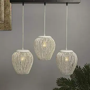 Homesake 3-Lights Linear Cluster Chandelier White Steel Wire Mesh Pendant, Decorative, Black, Kitchen Area and Dining Room Light, LED/Filament Light