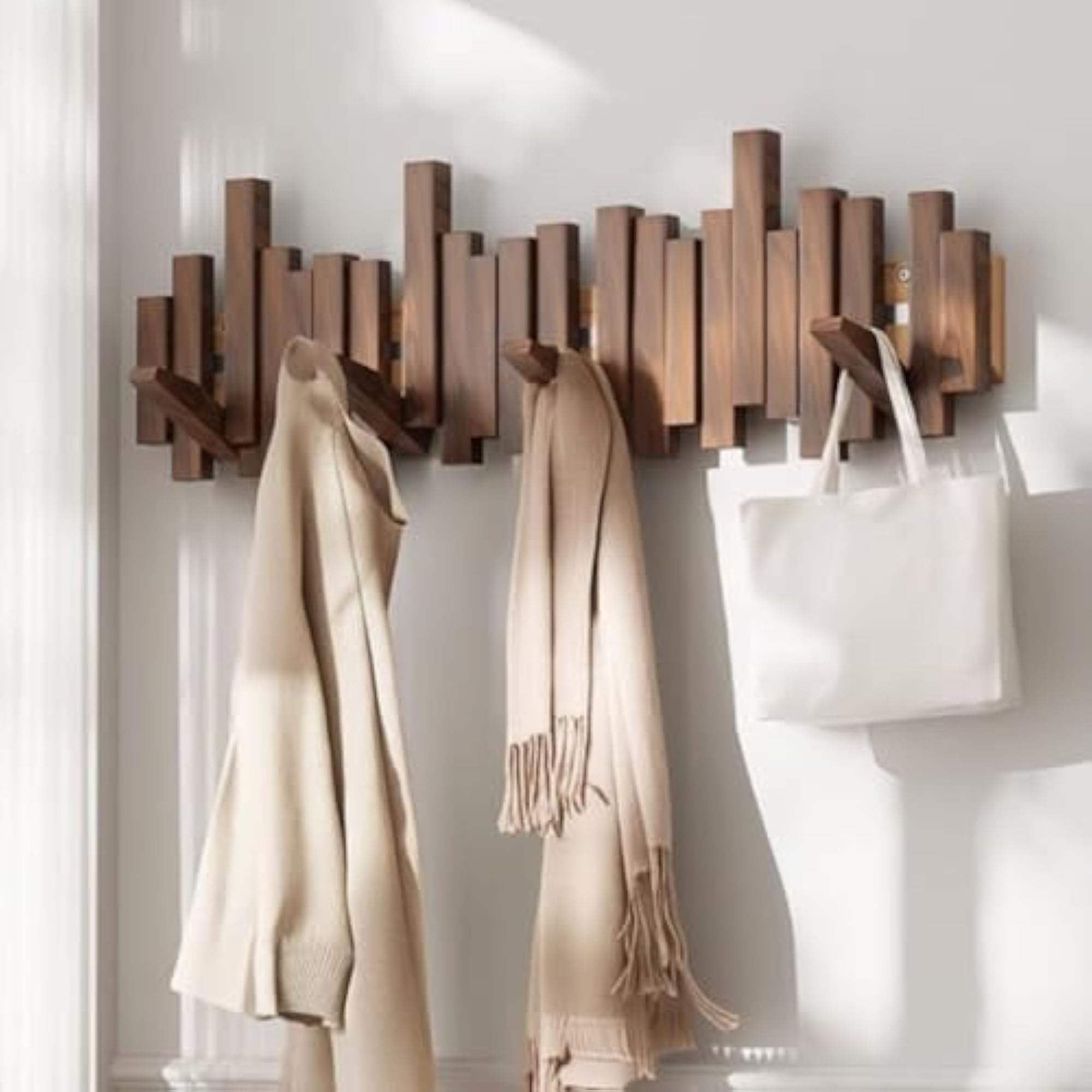Solid Wood Piano Key Coat Rack with No-Drill Installation Option