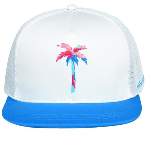 Image of EDTREK Adventure Snapback Hat - Surf Hat - Beach Hat - Hiking Trucker Hat - Flying High Hat (Palm - White)