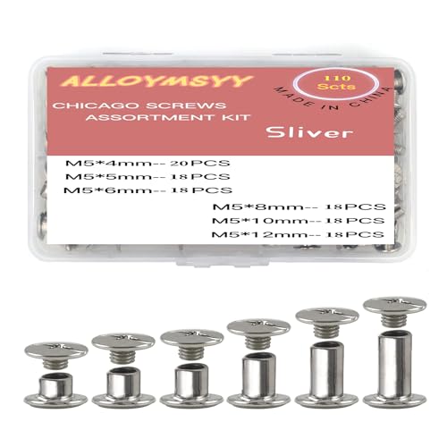 ALLOYMSYY 110 Sets Chicago Screws Leather Rivets Kit? for Binding Screws Trim and Repair Leather Craft Belt, Bag, Shoe, Purse Binding (Silver?M5*4.5.6.8.10.12.)