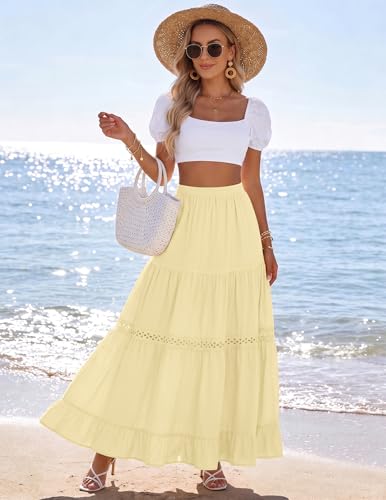 Zelroxa Womens Long Maxi Cotton Summer Boho Tiered A Line Skirts Yellow - image 5