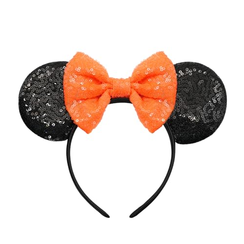 Doublemiss Mouse Ears Bow Headbands for Women Sequin Glitter Headwear Party Princess Decoration Cosplay Costume (Black Orange)